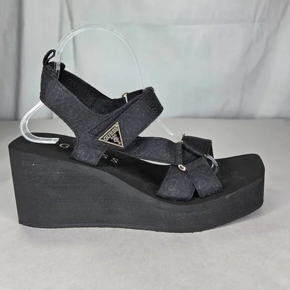 Guess Women's Daysa Quattro-G Strappy Eva Wedge Sandals Black Logo - Picture 2 of 7